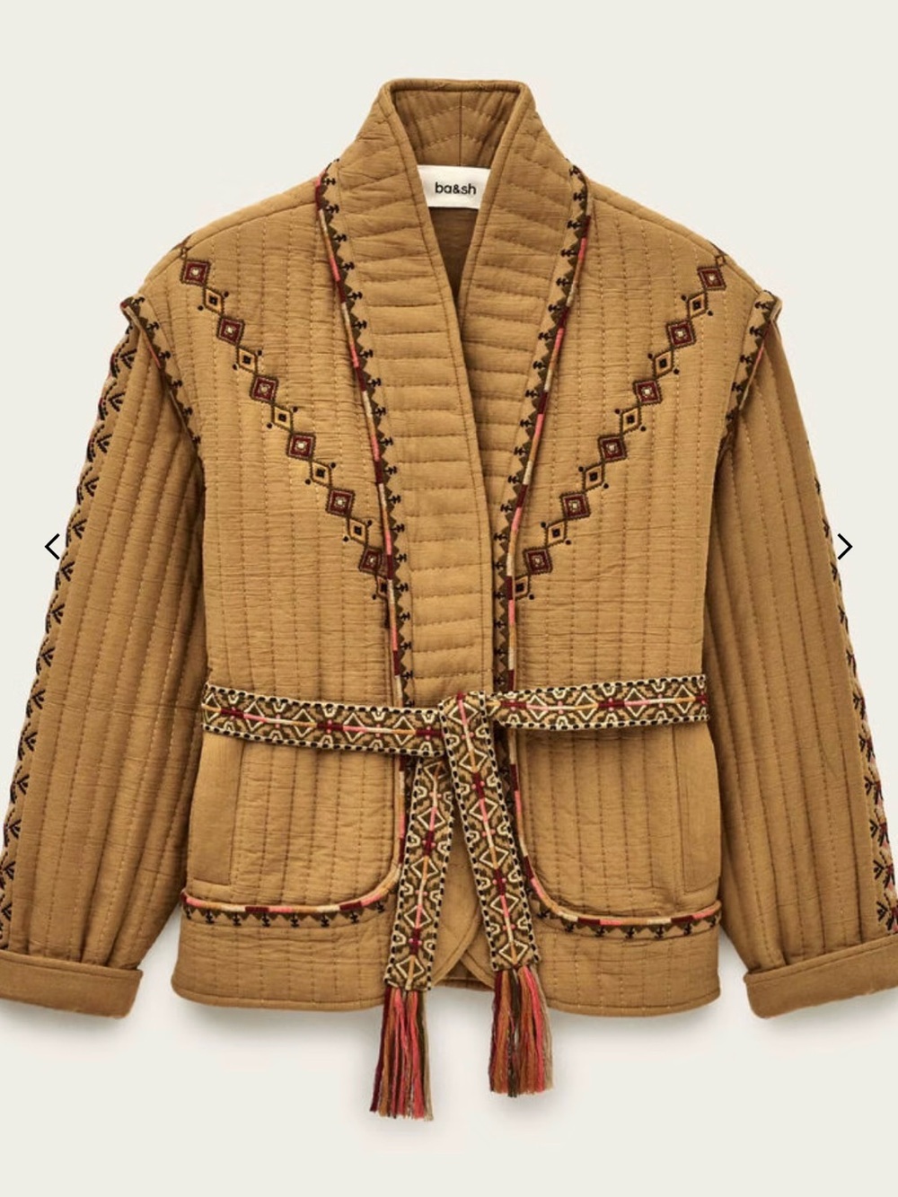 ba&sh tan quilted utility jacket with embroidered trim and tassel belt